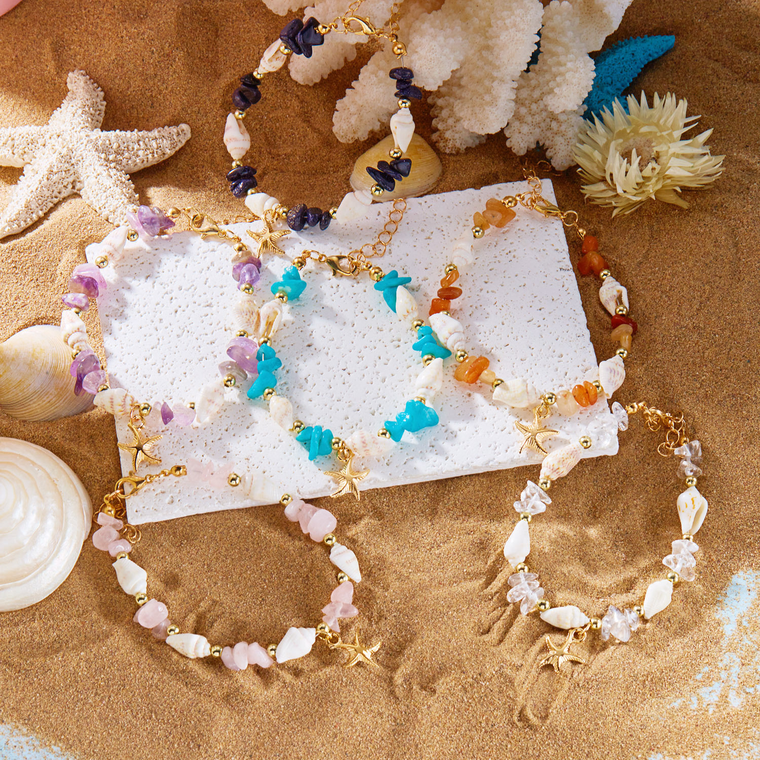 bohemian starfish conch beaded jewelry set – beach style necklace & bracelet