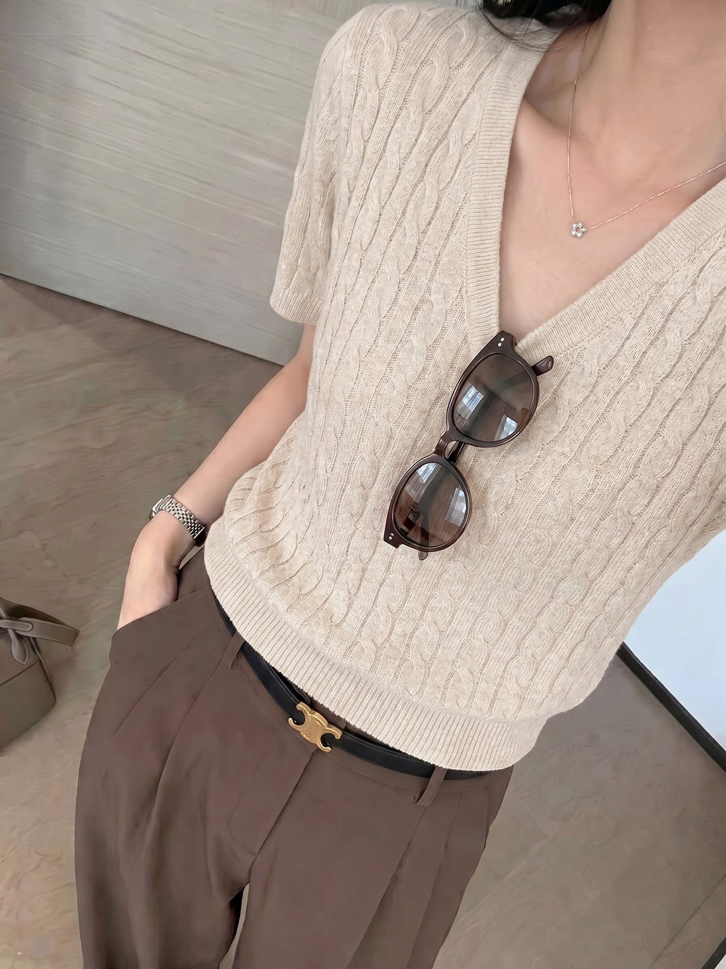 Women V-Neck Twist Knit Short Sleeve Slim Fit Summer Top