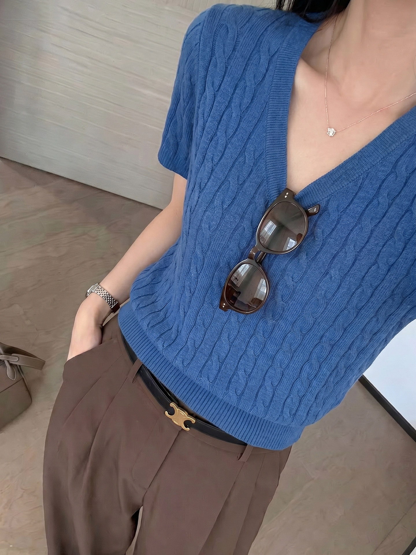 Women V-Neck Twist Knit Short Sleeve Slim Fit Summer Top