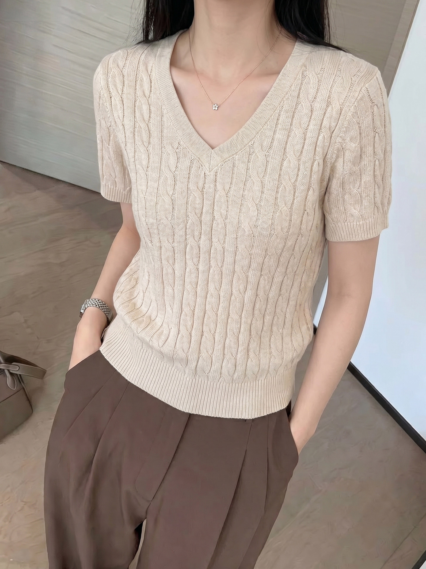 Women V-Neck Twist Knit Short Sleeve Slim Fit Summer Top