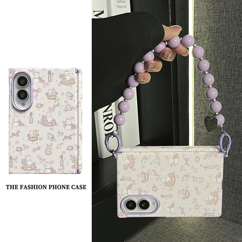 Korean-Style Gentle Floral Bunny Case for Samsung Zfold8, High-End Lambskin Zfold7 Beaded Hand Chain, Zfold6 Unique High-Appearance Value W26 with Front Frame Protection and Anti-Drop