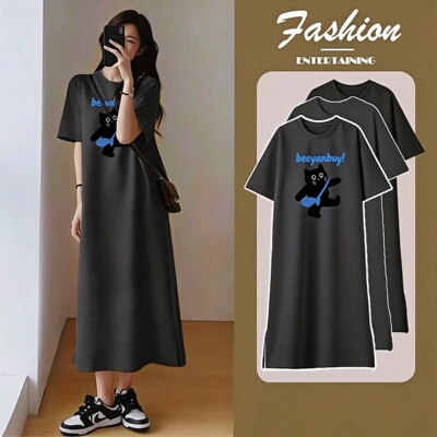 Pregnant Women's Summer Short-Sleeved Dress, Korean Style Casual Lazy Style T-Shirt Dress, Loose Large Size Knee-Length Dress, Pure Cotton — 3
