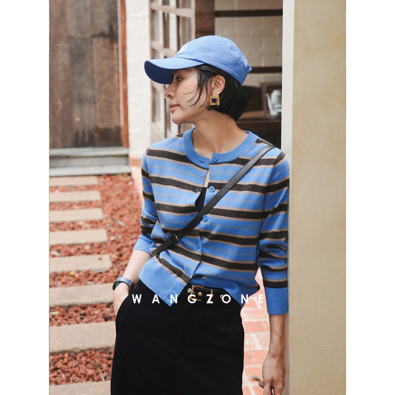 Wang Zone｜100 Fine-Spun Merino Wool Retro Blue and Brown Striped Color-Blocked Round-Neck Knit Cardigan Top