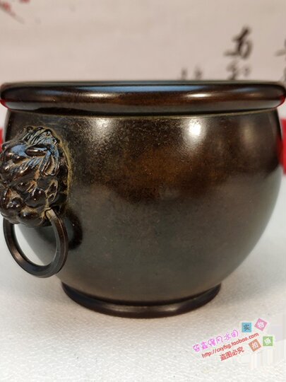 纯铜聚宝盆狮耳带环紫铜包浆光身故宫狮缸耳炉烟灰缸大号家用摆件