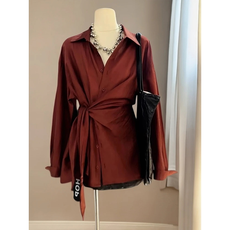 Red Lapel Tie-Waist Long-Sleeved Shirt Jacket for Women, Spring High-End Style, Elegant and Slimming Outerwear Shirt Top Red Lapel Tie-Waist Long-Sleeved Shirt Jacket for Women, Spring High-End Style, Elegant and Slimming Outerwear Shirt Top