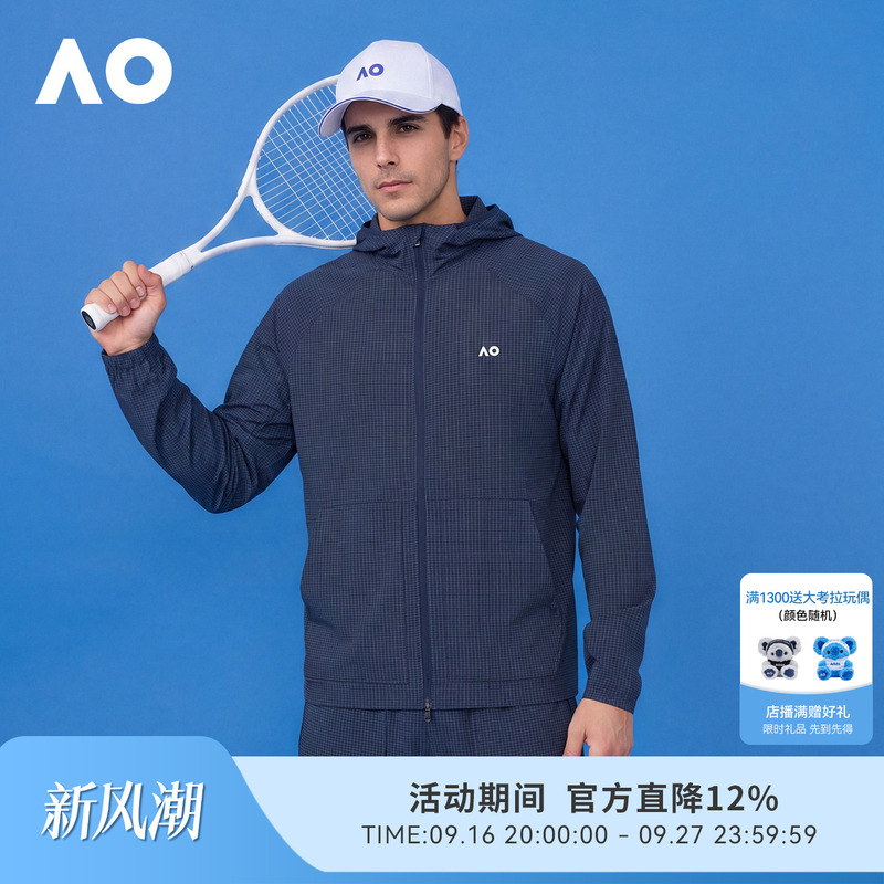 Ao Australian Open Sports Top 26 Thin Style Men's Plaid Texture Hooded Outdoor Sun Protection Jacket Breathable Tennis Clothing