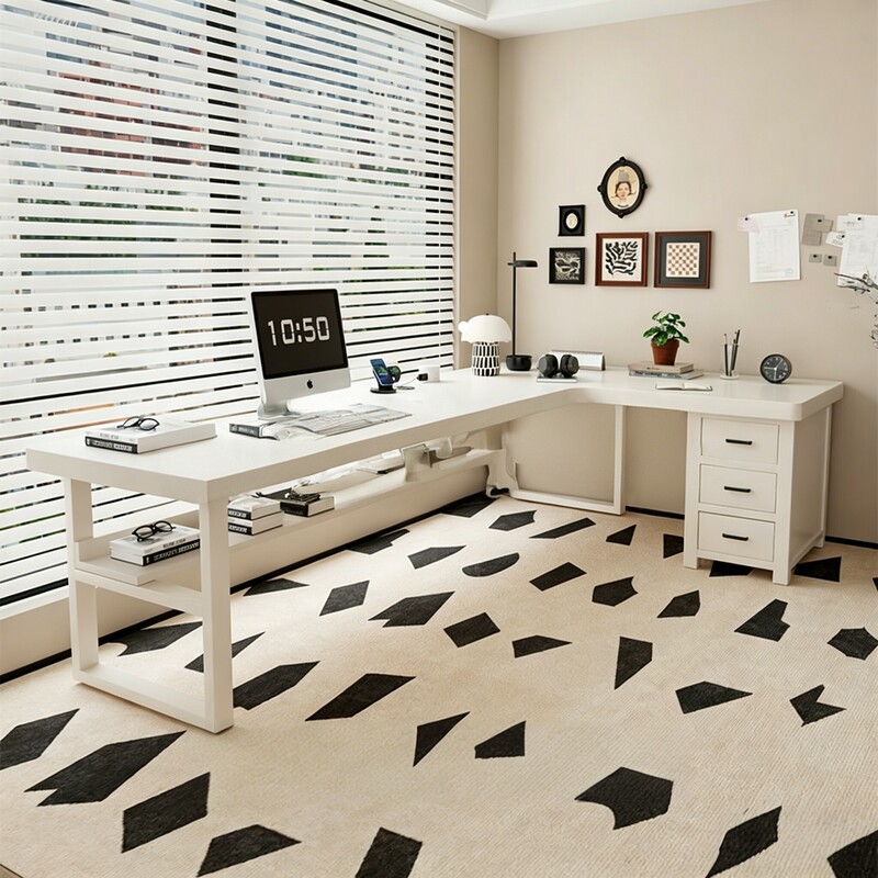 Solid Wood Corner Desk with Integrated Bookshelf, L-Shaped 7-Shaped Corner Double Study Computer Desk for Home Bedroom