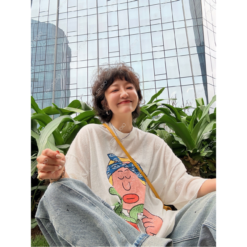 23538 Fun Cartoon Cactus Print Short Sleeve T-Shirt for Women, Autumn and Winter Loose Fit Versatile Casual Top