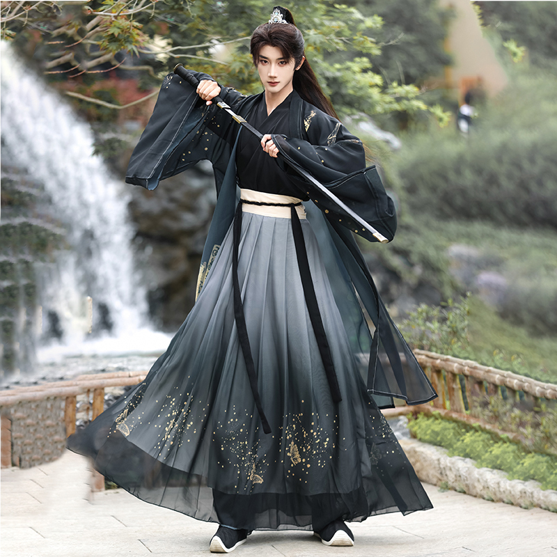 Original Han Dynasty with Gold Fortune, Ink Bamboo Rhyme and Butterfly Large-Sleeved Wei, Jin and Song Dynasty Cross-Collar Chinese Shirt for Men and Women Cp Printed Suit