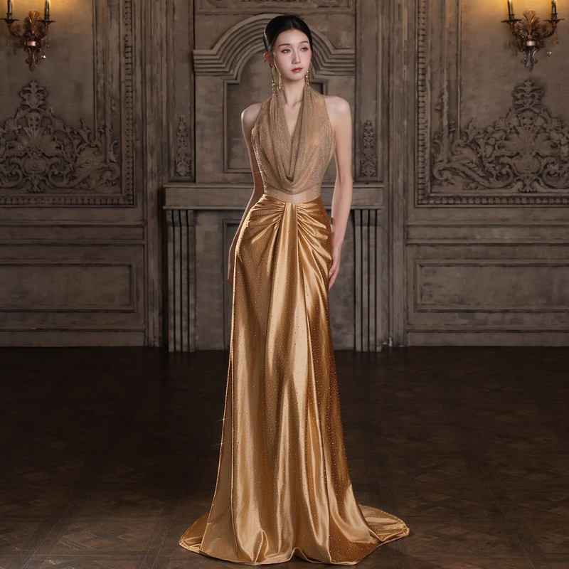 Golden Evening Dress for Women 2026 New Style High-End Banquet Host Dress Halter Neck Bride Wedding Toast Dress