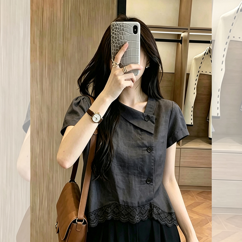 Niche Minimalist Dark Gray Asymmetrical Lapel Round Button Shirt 2026 Summer New Design Lace Hem Top for Women