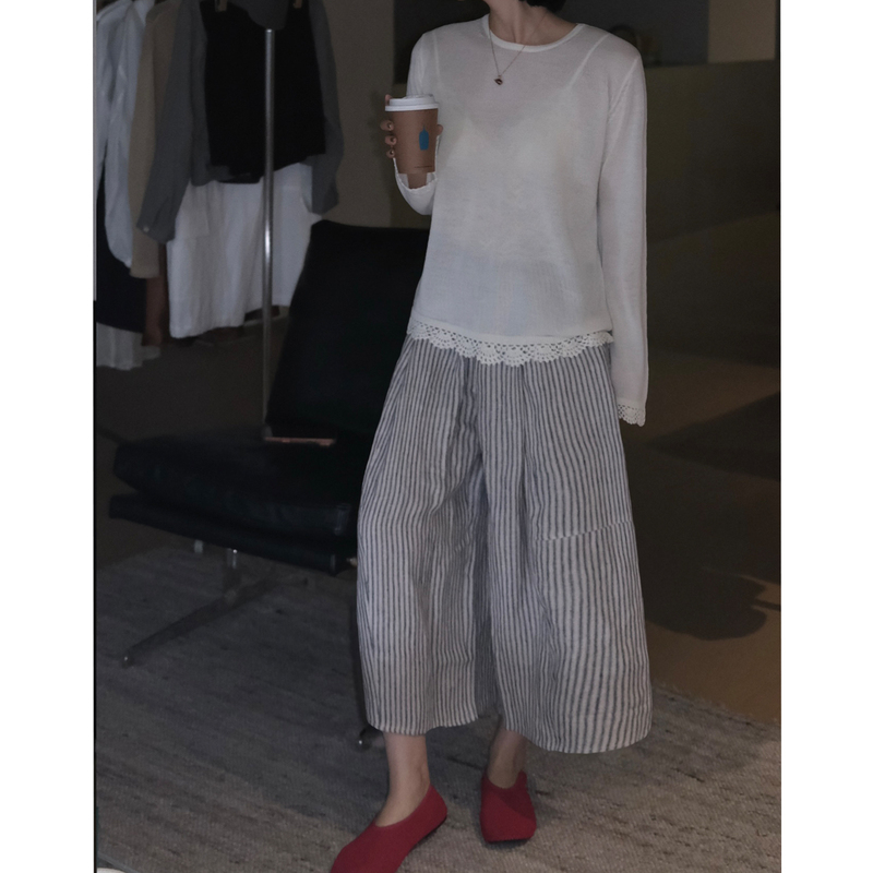 Yololite/'Slow-Paced' Spring and Summer Linen Japanese-Style Casual Pants Striped Loose Short Wide-Leg Women's Pants Yololite/'Slow-Paced' Spring and Summer Linen Japanese-Style Casual Pants Striped Loose Short Wide-Leg Women's Pants