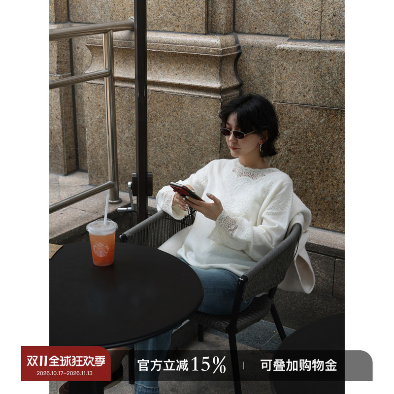 Yololite/'Opening Statement' Autumn New Collection Sheep Wool Lace Embroidery Knitted Sheep Wool Base Shirt Top