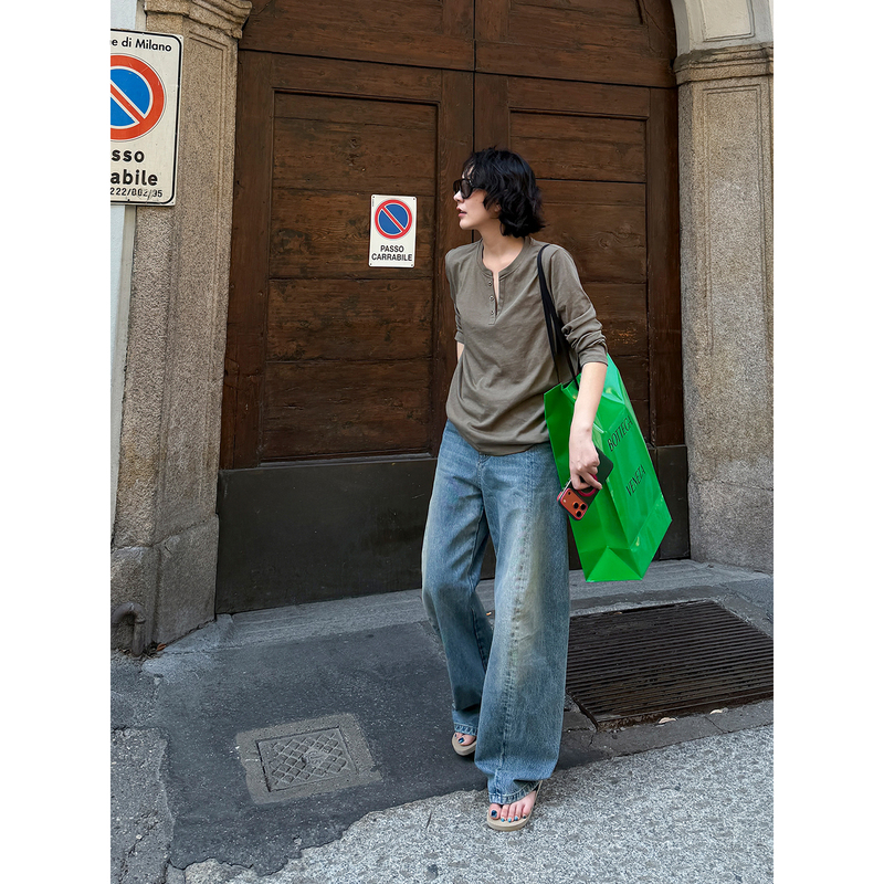 Yololite/'Reshape' 26 Autumn New Casual Sunscreen Loose Henry Collar Long Sleeve T-Shirt Top for Women