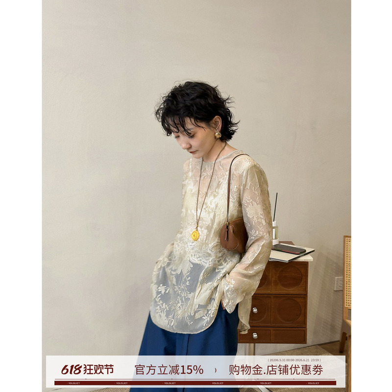 Yololite/'Silk Rhythm' Summer New Chinese Style Women's Top Lightweight Lace Embroidery Crochet Long Sleeve Lace Blouse