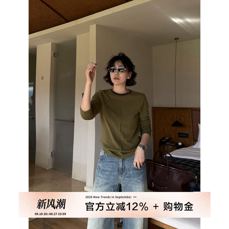 Yololite/Healing Series'26 Autumn New Casual Style Army Green Long Sleeve Top Cotton Pullover T-Shirt for Women Yololite/Healing Series'26 Autumn New Casual Style Army Green Long Sleeve Top Cotton Pullover T-Shirt for Women