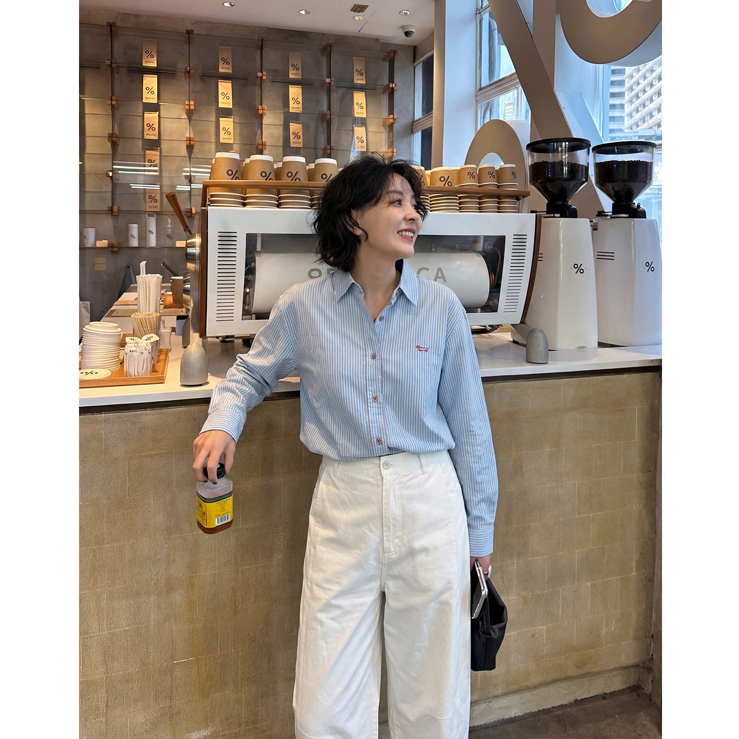 YOLOLITE [ハッピーパピー] 3952 早春新作 プレッピースタイル 手刺繍 縦ストライプ 長袖シャツ