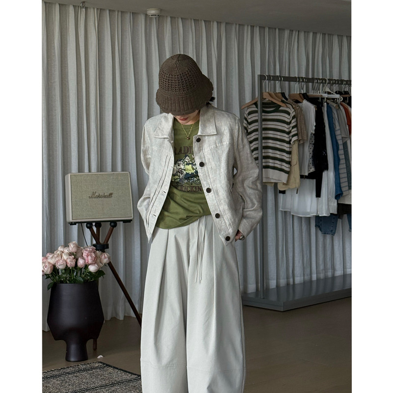 Yololite/'White Eggplant' 26 Spring New Linen Long Sleeve Top Simple Button Lapel Jacket Women's Coat
