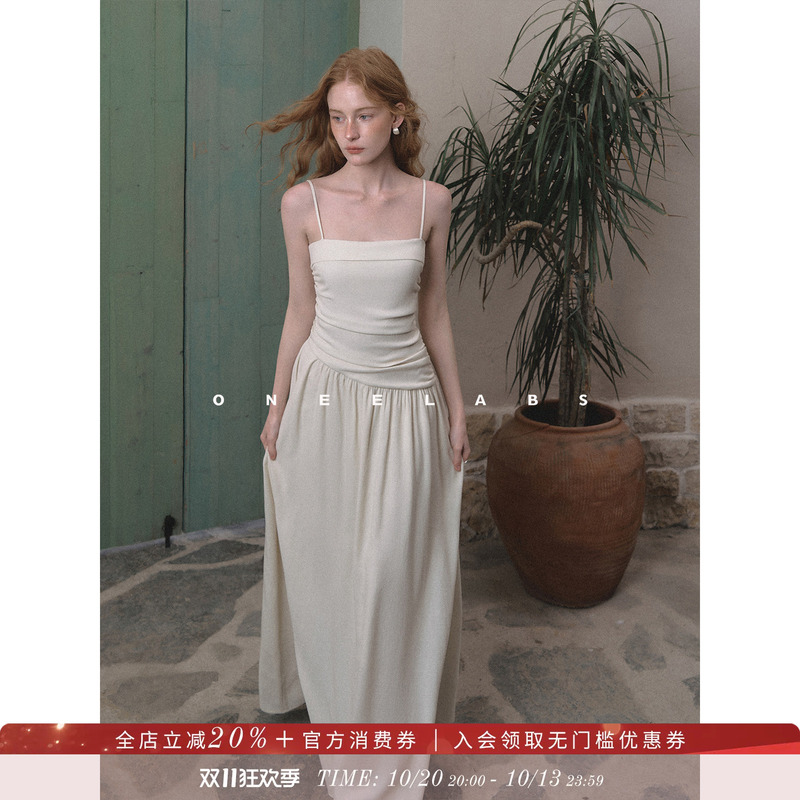 Oneelabs Original Brand Minimalist White Linen Suspender Dress Women's Autum Casual Resort Style Long Skirt