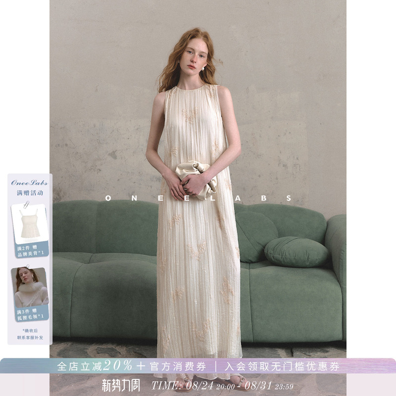 Oneelabs Original Brand, Beautiful and Elegant Stereo Embroidered Pleated Sleeveless Vest Dress, Elegant Evening Dress for Women