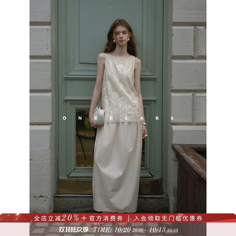 Oneelabs Original Brand/Qianxi Huaying~Tencel Cotton Lace Tassel Sequin Faux Two-Piece Sleeveless Dress