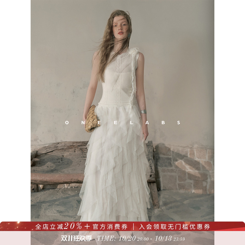 Oneelabs Original Brand, Evening Flower Realm~ Flower Ribbon White Long Dress, Early Autumn Beautiful Knitted Dress