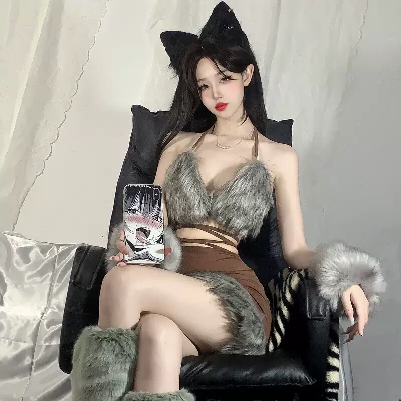 Nepenthe Wild Little Fox Sexy Furry Patchwork Design Women's Winter Lingerie Set