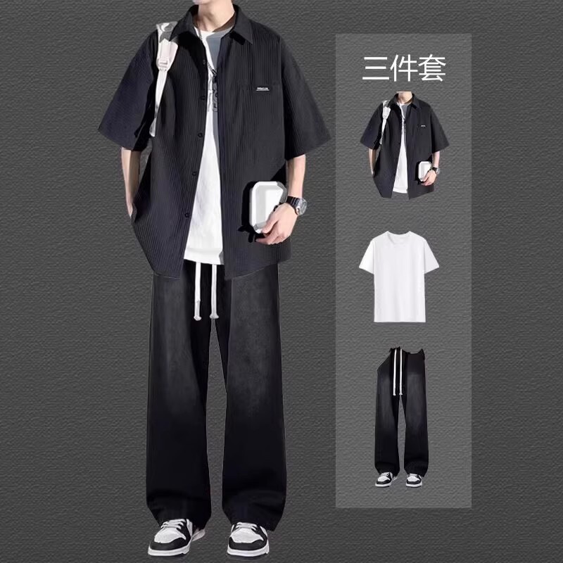 Short-Sleeved Shirt Men's Casual Suit Summer Shirt Jacket Teenager Student Handsome Outfit Three-Piece Suit Men's Clothing