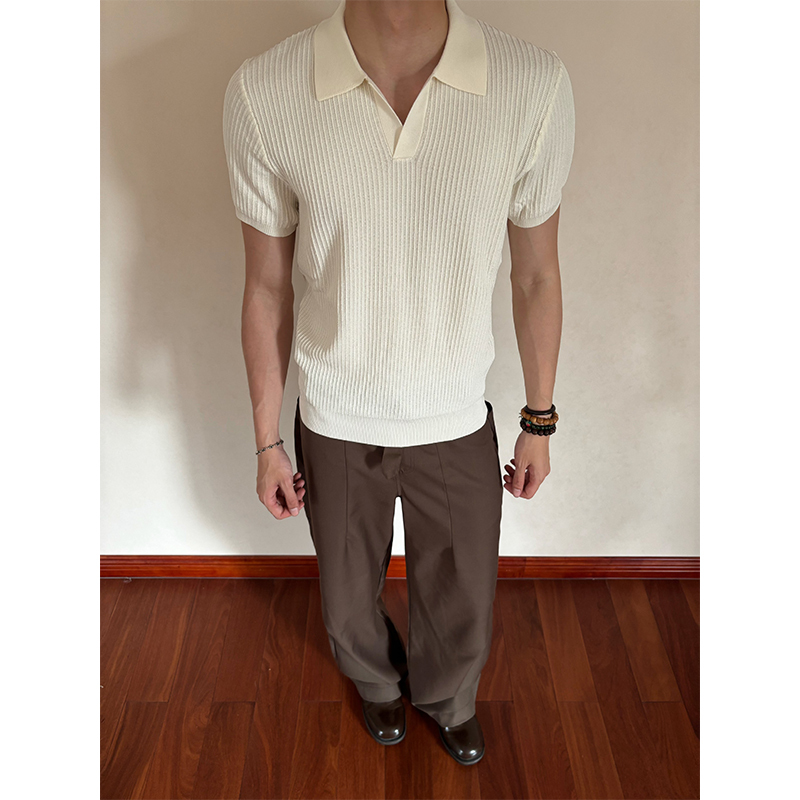 Focus221 Retro Seagull Collar Textured American V Neck Polo Shirt Men's Knitted Short-Sleeved T-Shirt Focus221 Retro Seagull Collar Textured American V Neck Polo Shirt Men's Knitted Short-Sleeved T-Shirt