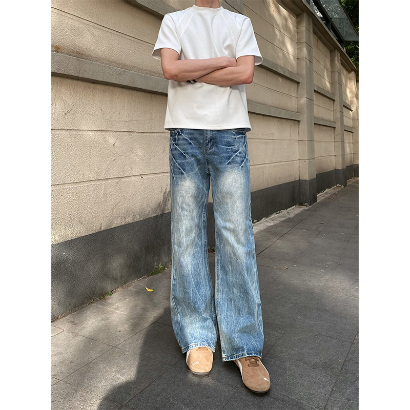 Focus221 Spring American Retro Lightning Pattern Jeans for Men, Loose Casual Straight Wide-Leg Floor-Length Pants
