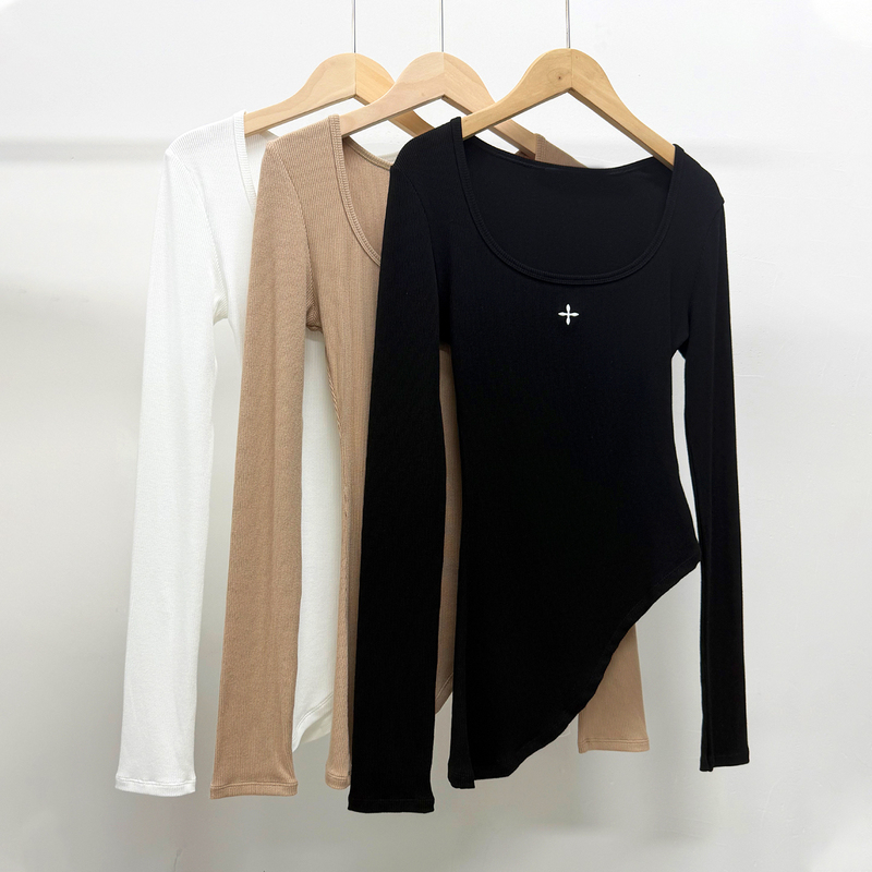 Reshaped Nomadic Silk Asymmetrical Long-Sleeve Top with Diagonal Hem, Knitted Long-Sleeve T-Shirt, New Design Base Shirt