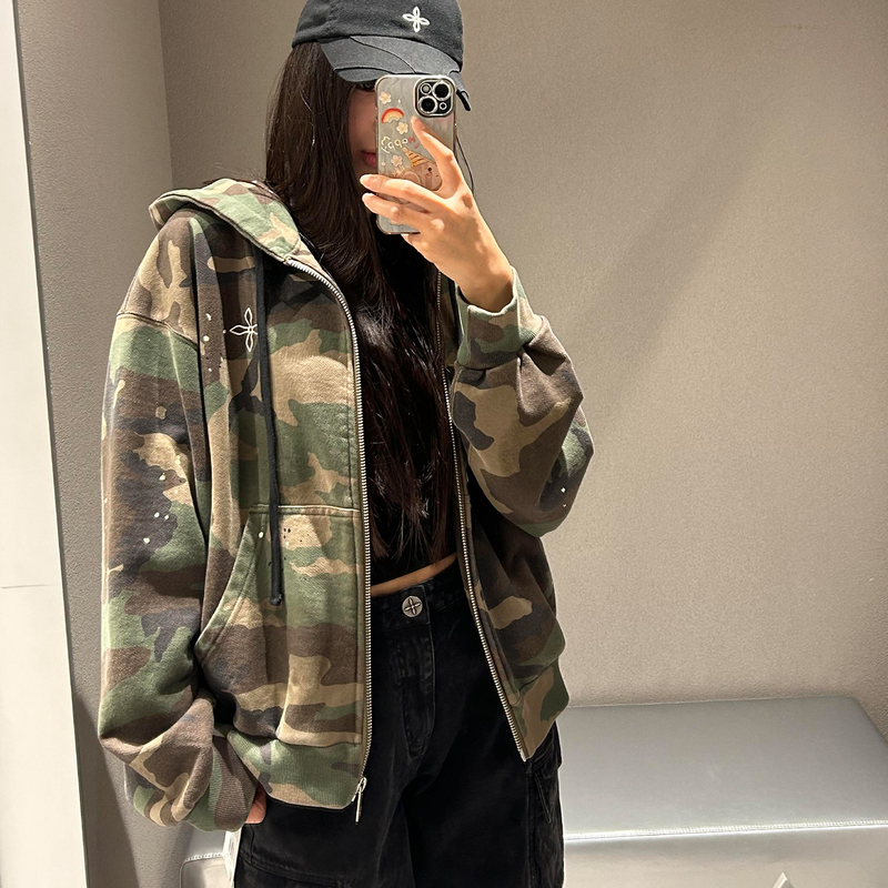 Reshaped Cross Statue Wide-Zip Hoodie Camouflage Studded Loose Hooded Sweatshirt Cardigan Women's Top