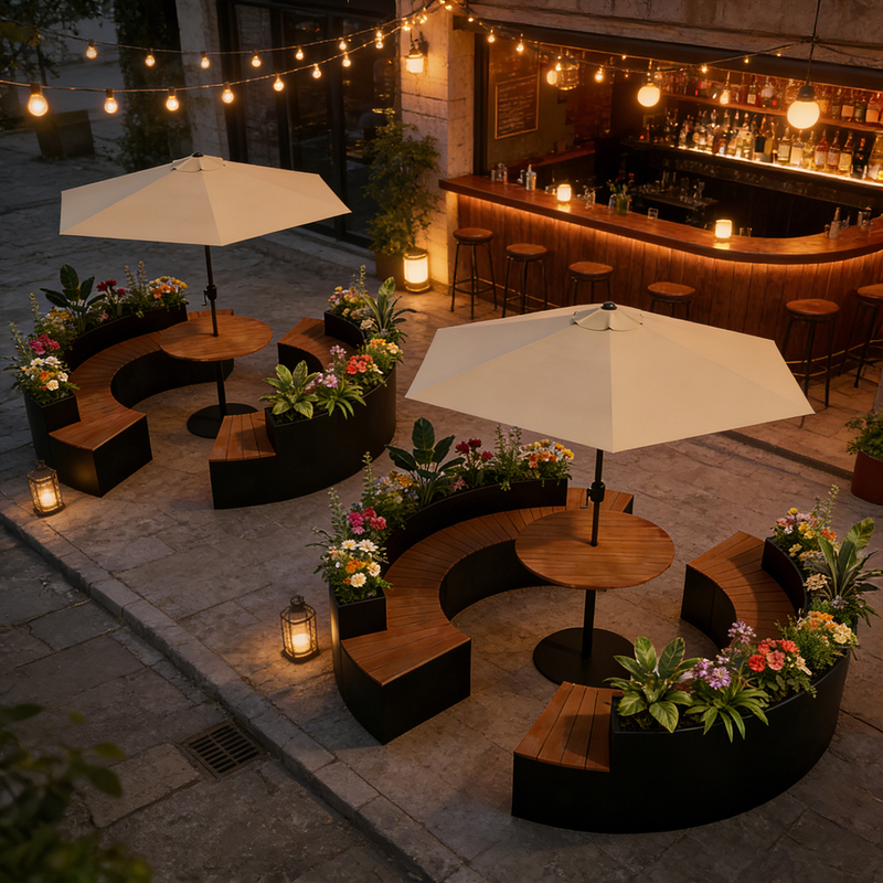 Outdoor Flower Box Tables and Chairs, Outdoor Plaza Trendy Leisure Chairs, Milk Tea Cafe Curved Plastic Wood Benches with Parasols Outdoor Flower Box Tables and Chairs, Outdoor Plaza Trendy Leisure Chairs, Milk Tea Cafe Curved Plastic Wood Benches with Parasols