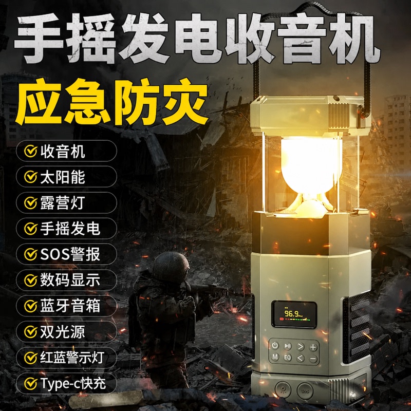 Solar Camping Light Emergency Disaster Prevention Radio Light Hand-Cranked Doomsday Survival Rescue Rechargeable Strong Light Multi-Function