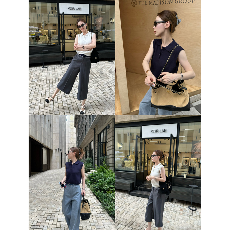 【Lin Qimai Vs】 "Old Money Style Top: Simple Embroidered Knitted Vest for Women, Sleeveless Polo Shirt with Turn-Down Collar