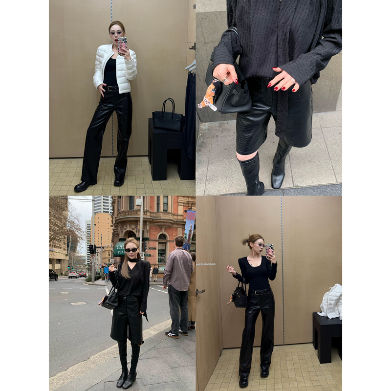 【Lin Qimai Vs】High-End Embossed Leather Pants, Loose Straight-Leg Leather Pants, Retro Modern Wide-Leg Pants