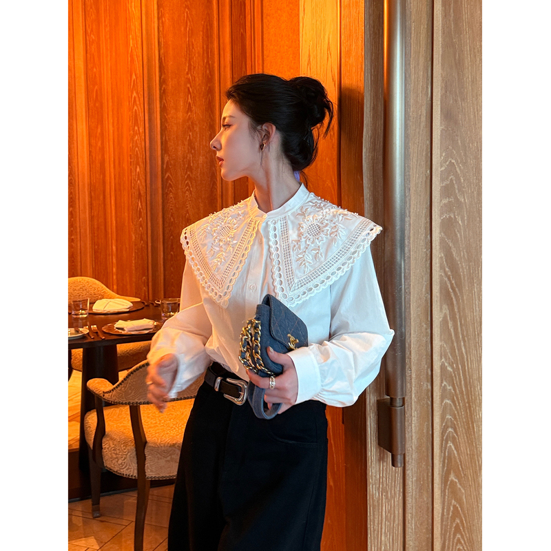Jiang Wen's'Limited Series' White Peter Pan Collar Shirt for Women, New Style, Super Pretty Long-Sleeved Doll Collar Top