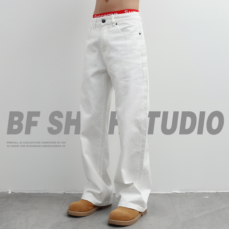 2026 New American-Style White Jeans for Men, Loose Straight-Leg, Autumn Relaxed Old Money Style Casual Pants for Boys