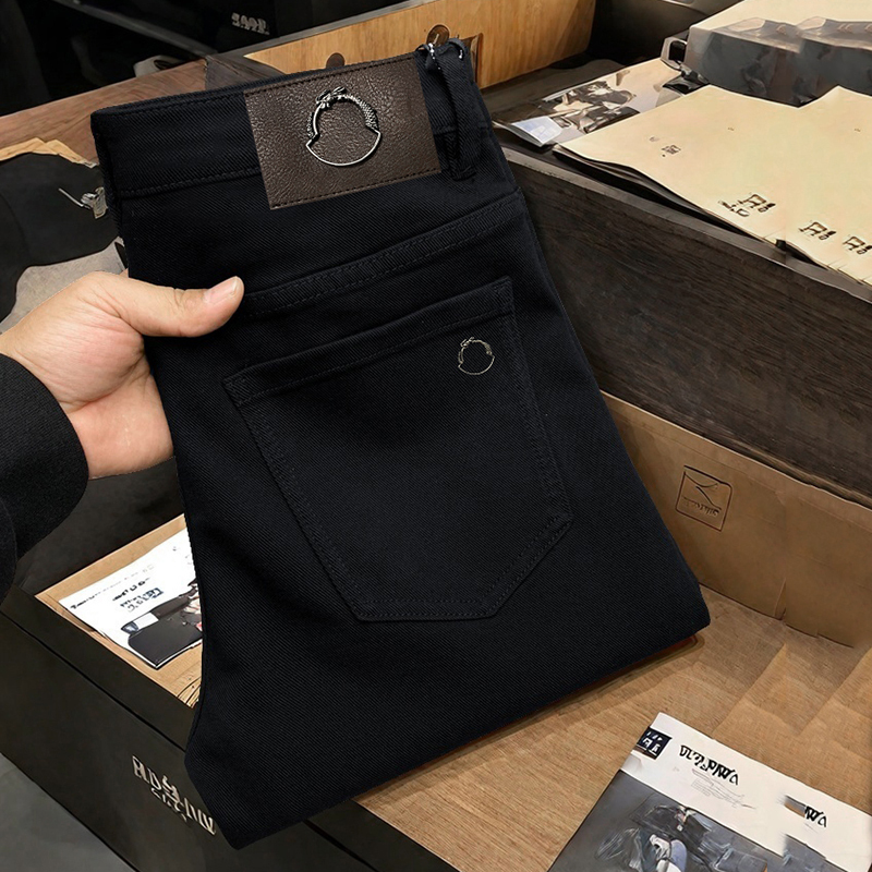 European and American Export Version Retro Logo Lyocell Super Texture Slimming Look Pure Black Stretch Straight Slim Jeans for Men