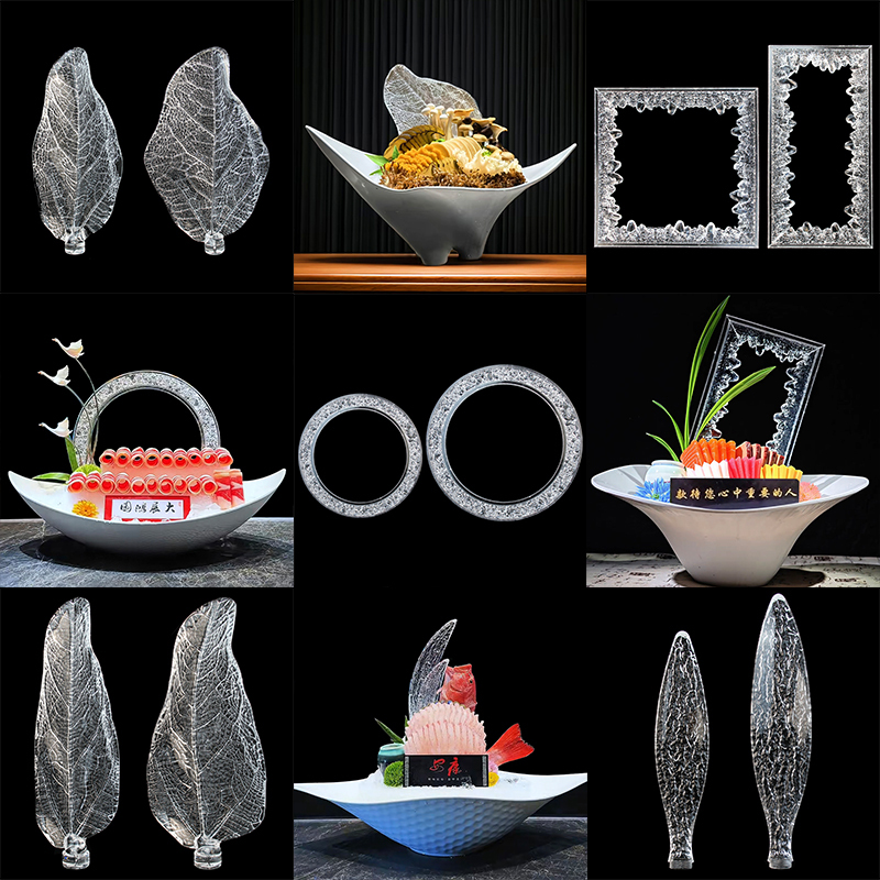 Seafood Display Props, Background Decoration, Sashimi Plating Decoration, Ice-Like Leaves, Acrylic Transparent Round Plating