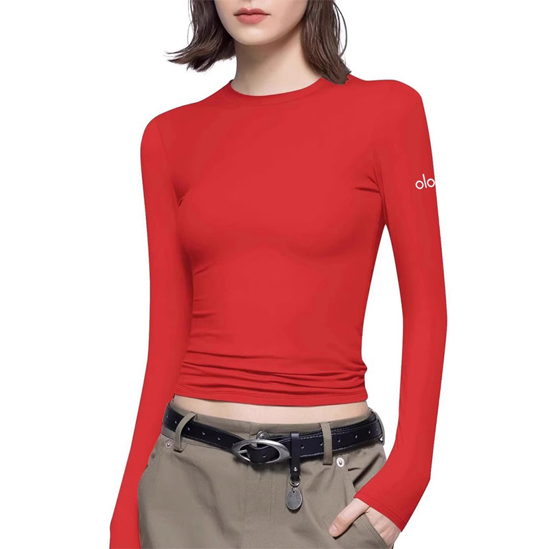 American Sport Yoga Wear Slim Fit Quick-Drying Solid Color Round Neck Tight T-Shirt Sports Elastic Base Shirt Long-Sleeved Top