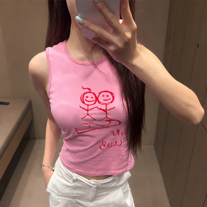 【Correct Version】Urban Stickman Graffiti Vest for Women, Summer Outerwear, Pink Hand-Drawn Hot Girl Sleeveless Top T-Shirt