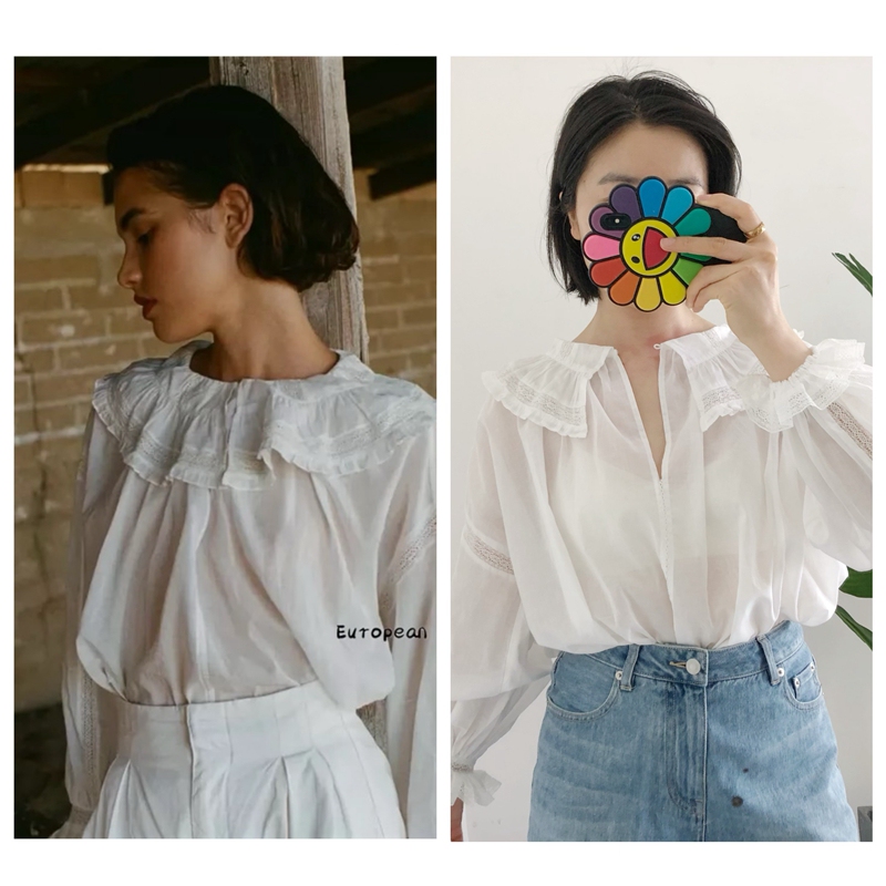 Small Quantity Original Label Buyer's Store Do*N Sweet Lace Trim Lightweight Cotton Loose Shirt Top