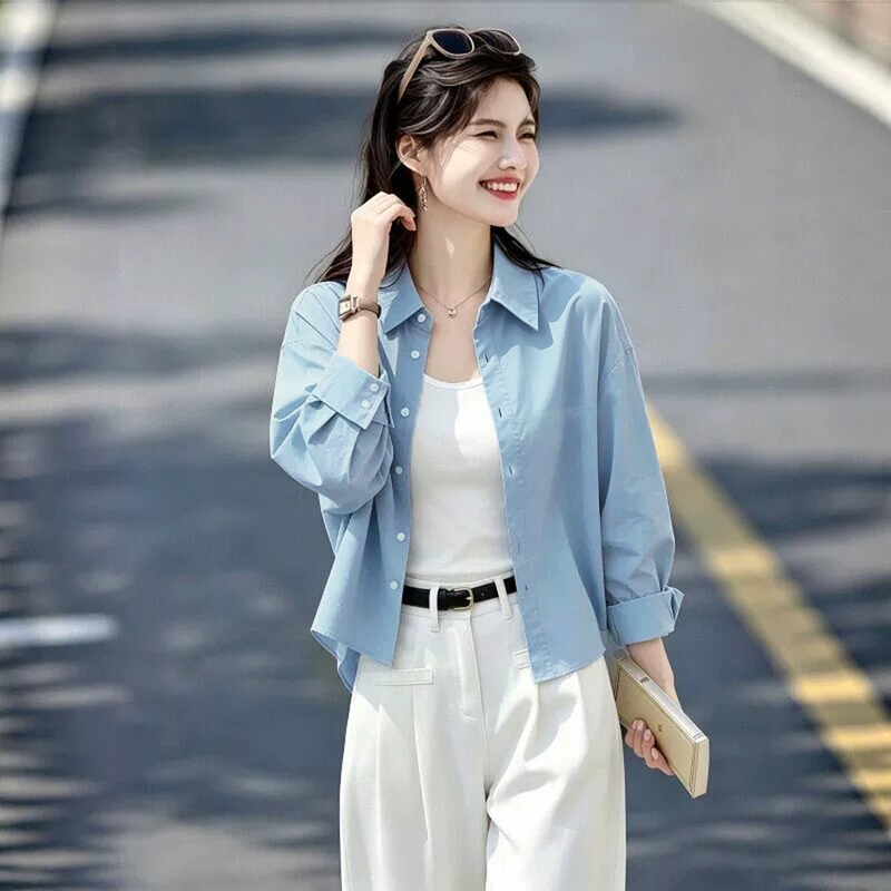 Blue Long-Sleeved Shirt for Women, 2026 New Autumn Thin Style Shirt, Loose Sun Protection Cardigan, Short Jacket Blue Long-Sleeved Shirt for Women, 2026 New Autumn Thin Style Shirt, Loose Sun Protection Cardigan, Short Jacket
