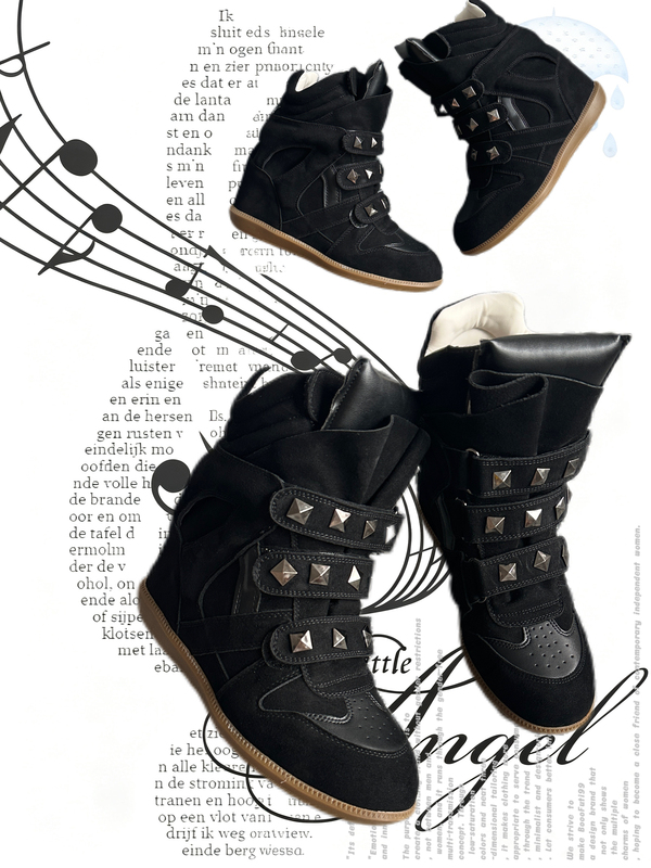 Boofuti99 Original Street Retro Black 7cm Height-Increasing Studded Wedge Ankle Boots Unisex Couple Sneakers