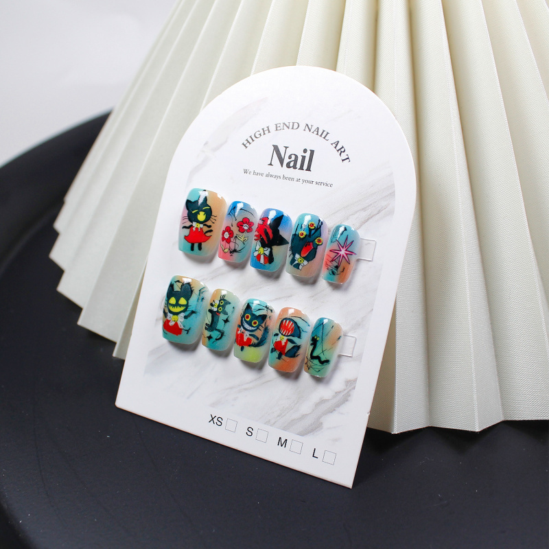 New Two-Dimensional Horror Cat Nail Art, Cartoon Cute Style Nail Art, Fake Nails, Handmade Design, Supports Mixed Batch Orders