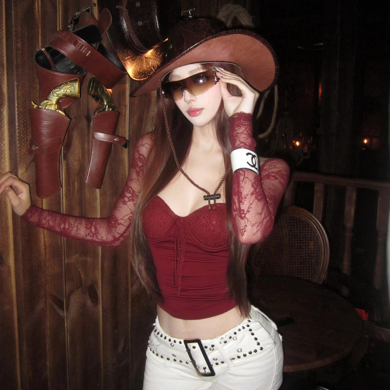 Red Lace Patchwork Lace-Up Long-Sleeved Shirt for Women 2026 New Autumn Style Sexy Hot Girl Fashion Outfit Personalized Top