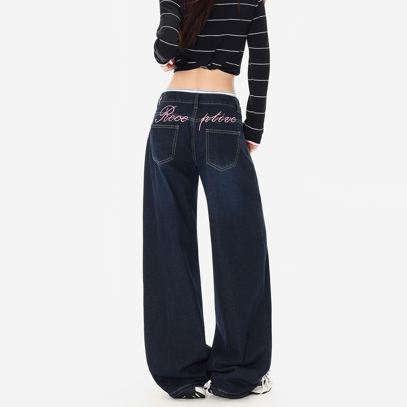 Wish Keys Blue-Gray Pink Embroidered Mid-Low Waist Jeans for Women, Fashionable Loose Straight Wide-Leg Floor-Length Pants
