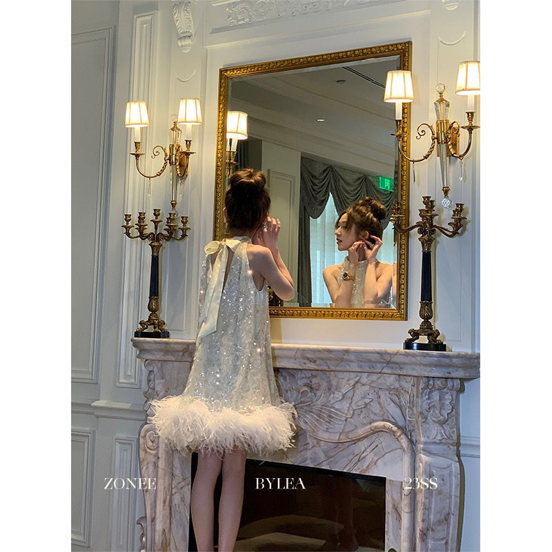 French-Style Princess Dress with Super Fairy-Like Feel, Perfect for Seaside Vacations, Featuring Heavy Sequin Work and Artificial Ostrich Feather Splicing, Sleeveless Halter Neck Dress for Summer