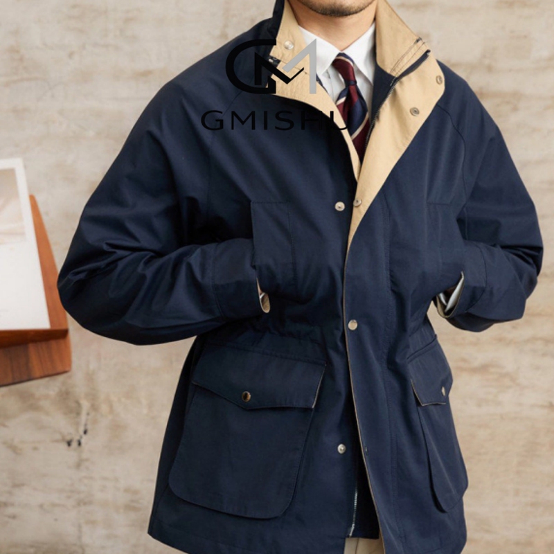 Gmishu Italian Gentleman's Style Pocket Drawstring Waist Retro Hunting Jacket M65 Casual Stand Collar Jacket for Men